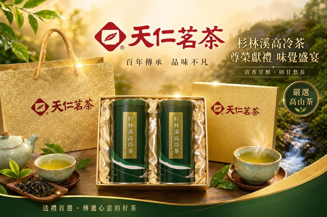 杉林溪高冷茶禮盒與泡好的茶湯展示